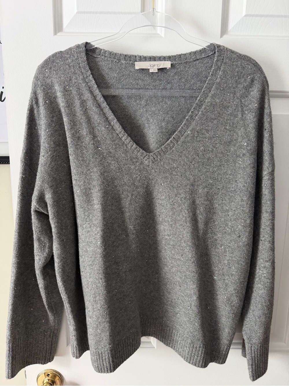 LOFT Women's Gray V-Neck Sweater with Rhinestone embellishments